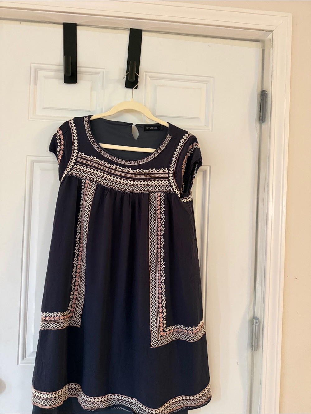 Mikarose Navy Dress with Pink & Cream Embroidery
